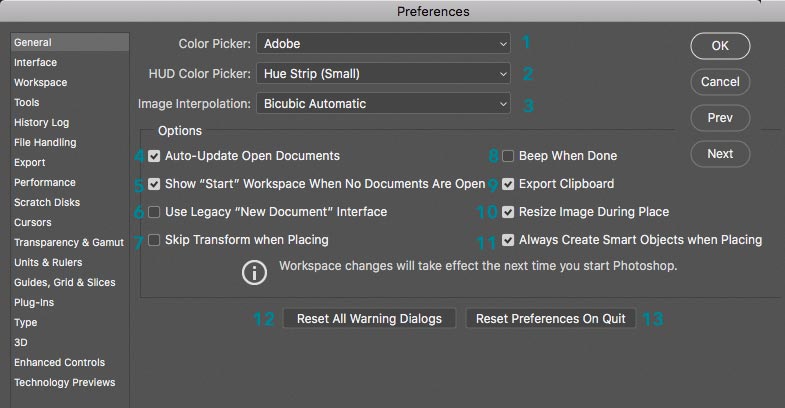 Photoshop Preferences Menu - General